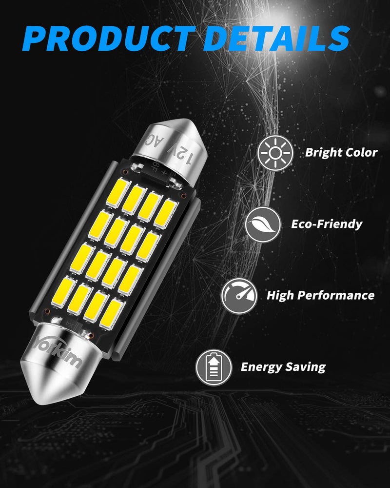Yorkim 578 Festoon LED Bulb 41mm 42mm LED White Super Bright Canbus Error Free 16-SMD 4014 Chipset, 212-2 Dome Light, Interior Light MAP Light 211-2 Bulb, Pack of 2 - Image 3